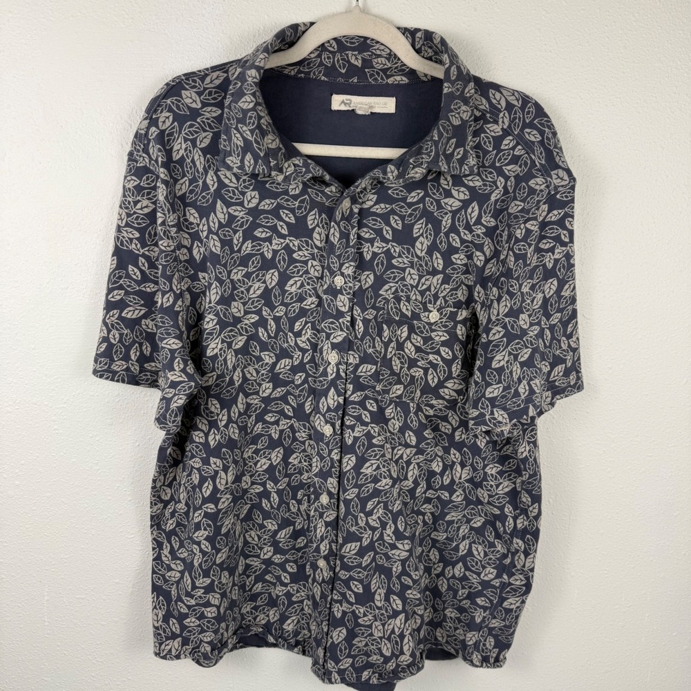 American‎ Rag Mens Large Navy Blue Tan Leaf Print Short Sleeve Button Down Shirt